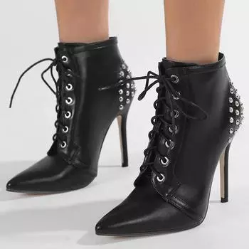 Eilyken Новый дизайн заклепки с перекрестными ремешками женские ботильоны сексуальные тонкие высокие каблуки с острым носком обувь осень-зима Botas Mujer 35 чёрный