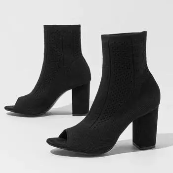Eilyken/Новый дизайн, женские ботильоны с открытым носком, уютная эластичная ткань, сандалии, весенняя женская обувь на высоком квадратном каблуке для вечеринки 35 чёрный