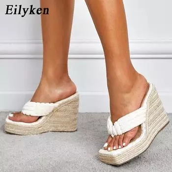 Eilyken/Новый стиль, вельветовая женская обувь на платформе с зажимом для носка, обувь на танкетке из соломенной ткани, летние женские шлепанцы на высоком каблуке, тапочки