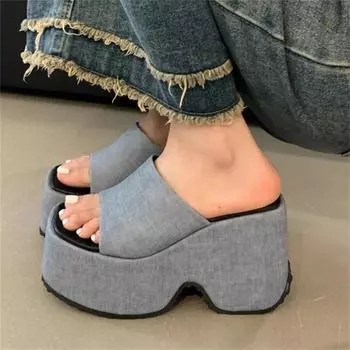 Eilyken Новый уличный стиль Дизайн Джинсовые туфли на танкетке с квадратным носком на платформе Женские тапочки Туфли на высоком толстом каблуке Римские шлепанцы Женская обувь 36 синий