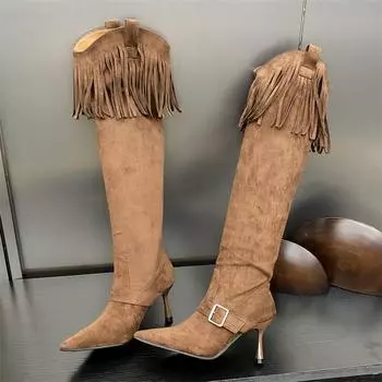 Eilyken Осень-зима Сапоги с бахромой на тонком каблуке до колена Женские остроносые женские туфли в уличном стиле Современные ботинки Mujer 35 чёрный