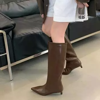 Eilyken осень зима сексуальные женские сапоги до колена в уличном стиле с острым носком на тонком низком каблуке повседневные туфли для вечеринок длинные Botas Mujer 35 чёрный