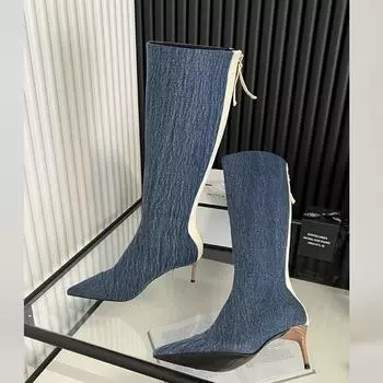 Eilyken/Осенние длинные ботильоны на тонком каблуке, женские сапоги до колена, модное платье, женская обувь с острым носком на молнии