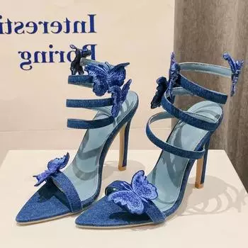 Eilyken/пикантные джинсовые женские босоножки на высоком каблуке с узлом-бабочкой, летние туфли с открытым носком и ремешками на щиколотке, Zapatos Mujer 35 синий