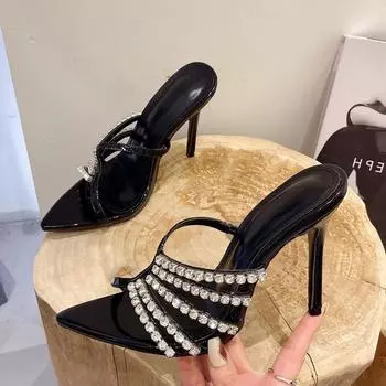 Eilyken/пикантные кристальные узкие тапочки для женщин, летние модные шлепанцы на тонком каблуке с острым носком, вечерние сандалии-мулы для зачистки