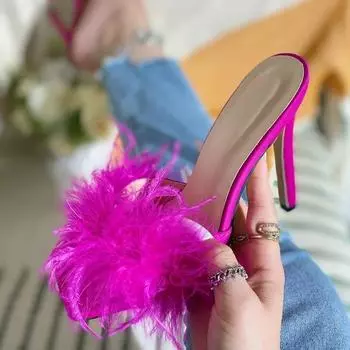Eilyken пикантные пушистые пушистые женские шлепанцы женские вечерние сабо на тонком каблуке летние сандалии шлепанцы Zapatillas De Mujer