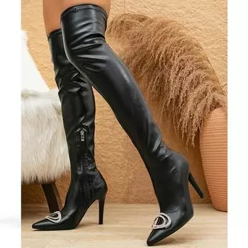 Eilyken/пикантные сапоги выше колена с острым носком, модные женские зимние длинные ботильоны на тонком высоком каблуке с молнией сбоку 35 чёрный