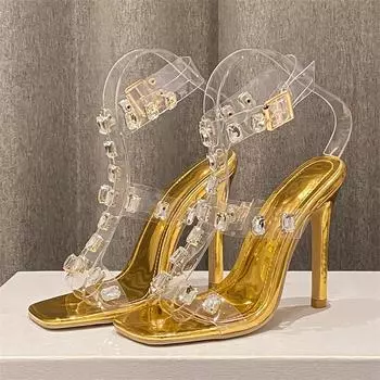 Eilyken/пикантные женские босоножки на тонком высоком каблуке с пряжкой и ремешком, элегантные дизайнерские туфли-лодочки из ПВХ с кристаллами и острым носком 35 чёрный