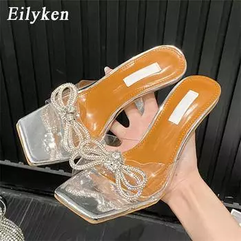 Eilyken, прозрачные женские тапочки, летняя мода 2023, дизайнерские сандалии с узлом-бабочкой и кристаллами, туфли на прозрачном каблуке