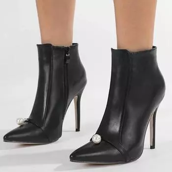 Eilyken Женские ботильоны в стиле панк с острым носком и жемчугом, модные туфли на тонком высоком каблуке, осенне-зимние современные ботильоны на молнии 35 чёрный