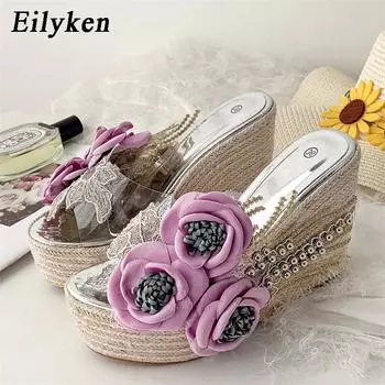 Eilyken, размеры 34–40, женские шлепанцы на прозрачной платформе и высоком каблуке, дизайнерские летние туфли с цветочным декором, банкетное платье 34 розовый