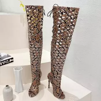 EilyKen Сапоги выше колена с открытым носком и змеиным узором, женские сексуальные туфли на шнуровке для ночного клуба, вечерние туфли на тонком высоком каблуке 35 коричневый