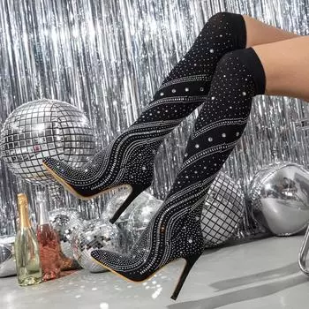 Eilyken/сексуальные носки из эластичной ткани для ночного клуба, женские сапоги выше колена, женские дизайнерские туфли-стриптизеры на тонком каблуке с острым носком и кристаллами 35 чёрный