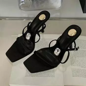 Eilyken Сексуальные женские босоножки с квадратным носком и пряжкой на ремешке в уличном стиле на тонком высоком каблуке для стриптиза 35 чёрный