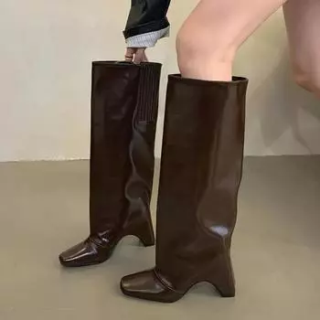 Eilyken Сексуальные женские сапоги до колена в стиле панк, дизайнерские туфли на высоком квадратном каблуке с ажурной отделкой, зимние банкетные женские ботильоны 35 белый