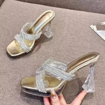 Eilyken Сексуальные женские туфли на высоком каблуке с кристаллами и бриллиантами, шлепанцы с квадратным носком, летнее банкетное платье 35 золотой