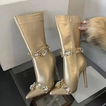 Eilyken Street Style Design CRYSTAL Женские сапоги до колена, сексуальные, с острым носком, на тонком каблуке, на молнии, для стриптиза, зимняя женская обувь 35 чёрный