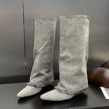 Eilyken Street Style Pointed Toe Women Knee-High Boots Design Style Wedges High Heels Long Booties Winter Female Shoes