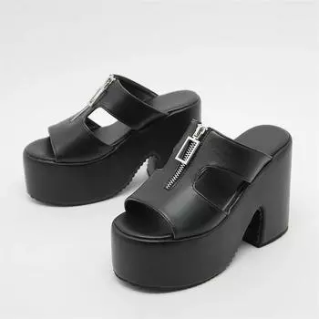 Eilyken Summer Square Toe Women Slippers Designer Punk Chunky Platform Heels Zipper Slides Shoes Large Size 43 34