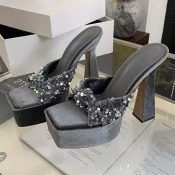 Eilyken тканевые плиссированные женские тапочки с блестками, летние шлепанцы на платформе, модные банкетные высокие каблуки с открытым носком 35 розовый