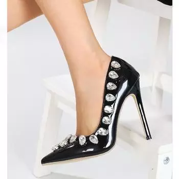 Eilyken, туфли-лодочки из лакированной кожи с кристаллами, женские дизайнерские туфли на высоком каблуке-шпильке, без шнуровки, с острым носком, для вечеринки, выпускного вечера, сандалии для ночного клуба 35 чёрный