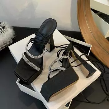 Eilyken уличные стильные летние женские сандалии с открытым носком и кристаллами на шнуровке, женская обувь на платформе и квадратном каблуке для ночного клуба 35 чёрный