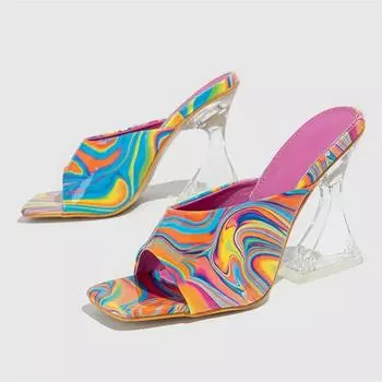 Eilyken Street Style Камуфляжные женские тапочки Модные квадратные тапочки с квадратным носком Сексуальные тапочки с кристаллами на высоком каблуке 38 чёрный