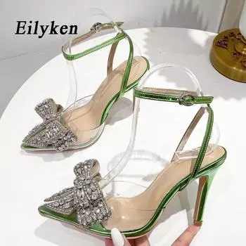 Eilyken уличный стиль, прозрачные женские туфли-лодочки из ПВХ с кристаллами, модные прозрачные туфли на высоком каблуке, летние женские зеленые сандалии-мюли
