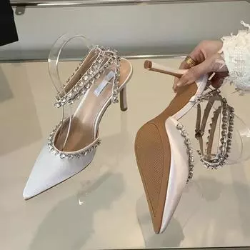 Eilyken уличный стиль, женские туфли-лодочки со стразами, сексуальные туфли на высоком каблуке с пряжкой и ремешком на щиколотке, вечерние туфли-стриптизёрши на тонком каблуке с острым носком для банкета