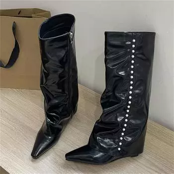 Eilyken Уютные Мягкая Кожа Острый Носок Женские Сапоги До Колена Осень Зима Каблуки-Клинки Застежка-Молния Обувь Botas Largas De Mujer 35