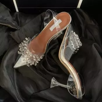 Eilyken Весенние женские туфли-лодочки с бабочкой и кристаллами на прозрачном каблуке из ПВХ Элегантные туфли-мюли с острым носком для выпускного вечера 35 серебряный