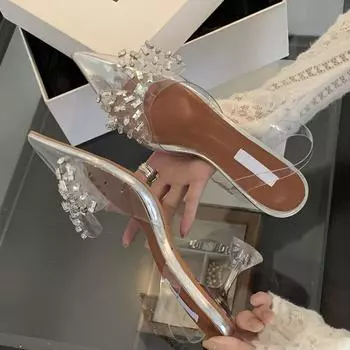 Eilyken Весенние женские туфли-лодочки с бабочкой и кристаллами на прозрачном каблуке из ПВХ Элегантные туфли-мюли с острым носком для выпускного вечера 35 серебряный