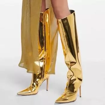 Eilyken/весенне-осенние дизайнерские женские сапоги до колена цвета золотистого и серебряного цвета из лакированной кожи, сексуальные сапоги до колена в стиле панк с острым носком, сексуальные zapatos mujer