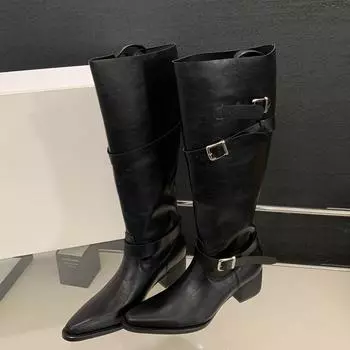 Eilyken Winter Black Punk Round Toe женские сапоги до колена на квадратном каблуке с пряжкой на ремешке женские ботильоны обувь 35 чёрный