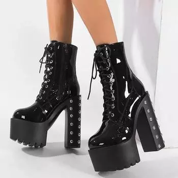 Eilyken Winter Designer Rivet Patent Leather Zipper Women Ankle Boots Platform Round Toe Square Heels Shoes Botines De Mujeres 34