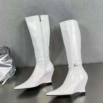 Eilyken Winter Pointed Toe Zipper Women Knee-High Boots Designer Wedges High Heels Shoes Fashion Long Botas Para Mujer