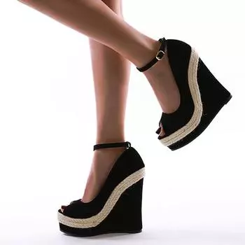 Eilyken/высококачественные соломенные сандалии на танкетке, новые женские туфли на высоком каблуке с пряжкой и ремешком, летние вечерние черные туфли с запахом лодыжки 35 чёрный