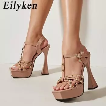 Eilyken заклепки женские босоножки на очень высоком каблуке на каблуке вечерние банкетные туфли на шпильке модная женская обувь на платформе с пряжкой и ремешком 35 чёрный