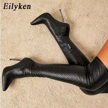 Eilyken/женские высокие сапоги до бедра на тонком каблуке с острым носком и застежкой-молнией, зимние туфли для стриптиза для ночного клуба, черные пикантные сапоги выше колена 35 чёрный