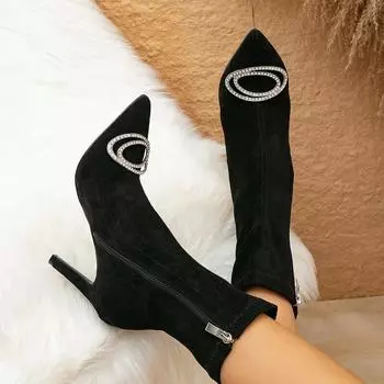 Eilyken/зимние пикантные женские ботильоны с кристаллами Eelgant, модная обувь на тонком высоком каблуке с острым носком и боковой молнией, Botas De Mujer 35 чёрный