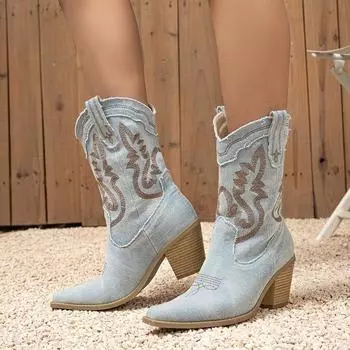 Eilyken Зимние уличные ботинки из денима с острым носком Ботильоны женские дизайнерские туфли на высоком каблуке с вышивкой в стиле вестерн-квадрат Zapatos Mujer 35 темно-синий