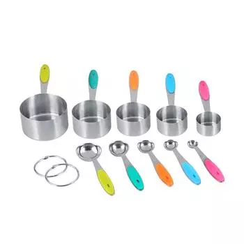 Ejoyous 10 шт. мерные чашки и ложки из нержавеющей стали с силиконовой ручкой для кухни M