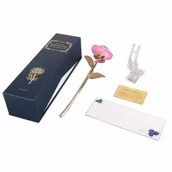 Ejoyous 24K Gold Dipped Real Flower Leaves, Romantic Golden Rose Pink with Stand розовый