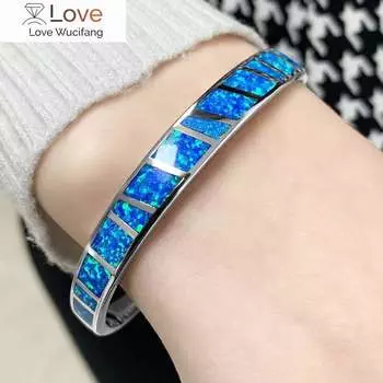 Ekopdee Blue Fire Opal Stone Open Bangles Silver Plated Minimalist Bracelets Jewelry Best Gifts For Girl Women adjustable opening