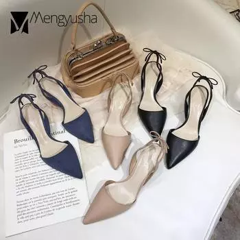 Elastic back strap mules sandals women bowtie suede blue pointed toe flip flops nude pu stiletto high heels sandalias 4.5 чёрный