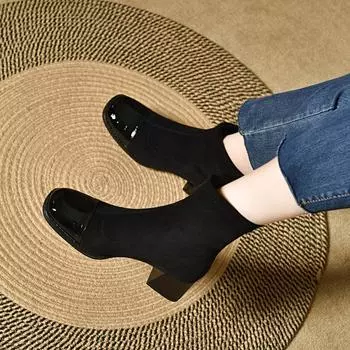 Elastic boots women s autumn and winter new simple temperament square head short boots black fashion boots thick heel cotton boots 34
