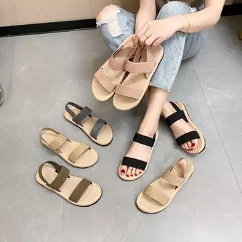Elastic cross flat women s shoes 2025 new sandals women s summer wear imitation straw linen Roman sandals 35 чёрный