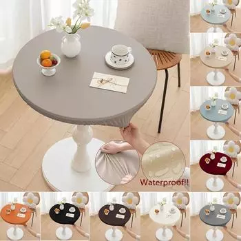 Elastic Leather Tablecloth Waterproof Oil-proof Solid Color Tablecloth Kitchen Dinner Table Cover Round Protector Table Linen Diameter 60cm