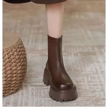 Elastic Martin Boots Women s 2024 Autumn and Winter New Medium Tube Fashion Versatile Retro Skinny Small Thick Heel Skinny Boots 35 чёрный