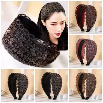 Elastic Mesh Flower Headband Non Slip Mother Lace Hairbands Fashion Wide Edge Hair Hoop Party вино красного